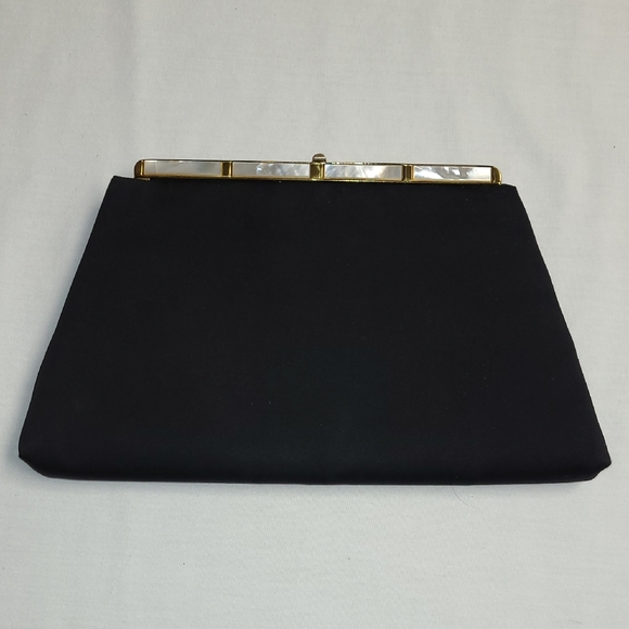 Handbags - After Five Vintage Elegant Black  Clutch with Gold & Mother Of Pearl Accents